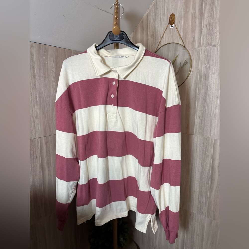 Altar’d State Pink and White Cream Striped Cotton Long Sleeve Polo Shirt